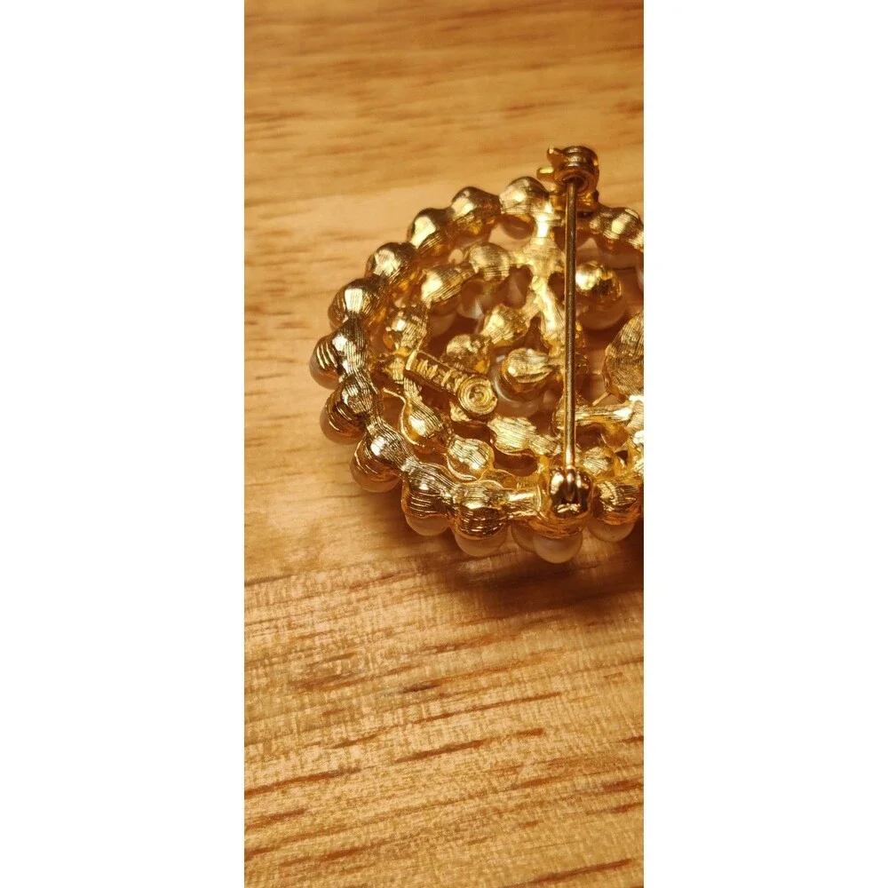 Vintage Signed Pell Faux Pearl & Rhinestone Bouquet Cluster Gold Tone Brooch
